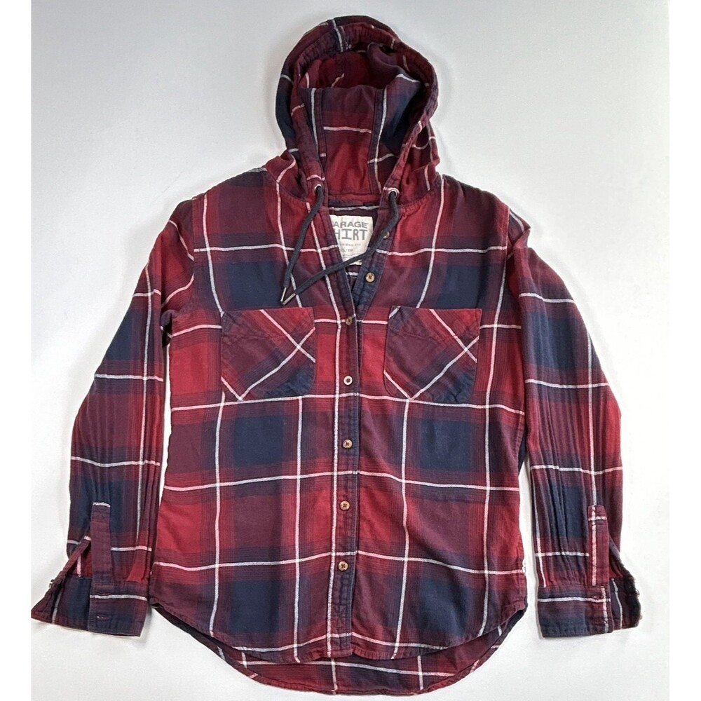 Garage Shirt Plaid Flannel Hooded Cotton Button-Up Long Sleeve XS Red Blue